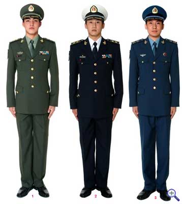 <strong>Повседневная униформа офицеров Народно-Освободительной армии Китая:</strong><br /><strong>1</strong> — сухопутные войска;<br /><strong>2</strong> — военно-морские силы;<br /><strong>3</strong> — военно-воздушные силы.» border=»0″ class=»aligncenter» /></a></div>
<div align=