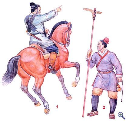 <strong>Гарнизон сторожевой башни Великой Китайской стены:</strong><br />          <strong>1</strong> ? конный посыльный, который обеспечивал доставку сообщений о нападении противника по этапу в тыл;<br />          <strong>2</strong> ? пехотинец из пограничных военных поселений, одетый в традиционный китайских халат на запах.<br />          Вооружен пехотинец клевцом �цзи�, который применялся в ближнем бою с конницей противника.� border=�0? class=�aligncenter� /></a></td>
</tr>
</table>
</div>
<div align=