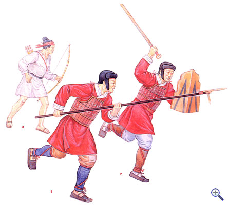 <strong>Китайская пехота:</strong><br />          <strong>1</strong> ? солдат тяжелой пехоты в кожаном защитном панцире, который надет поверх халата.<br />Ев голове воина защитный шлем.<br />Вооружение ? длинный колюще-режущий клевец �цзи�, эффективный при борьбе с всадниками противника;<br />          <strong>2</strong> ? воин тяжелой пехоты с вооружением для ближнего боя ? длинным прямым мечем и железным щитом;<br /><strong>3</strong> ? воин легкой пехоты из состава вспомагательных частей, которые формировались из вассальных некитайских народов китайской империи.<br />Защитное снаряжение у легкого пехотинца отсутствует.<br />Вооружение ? лук со стрелами.� border=�0? class=�aligncenter� /></a></td>
</tr>
</table>
</div>
<div align=