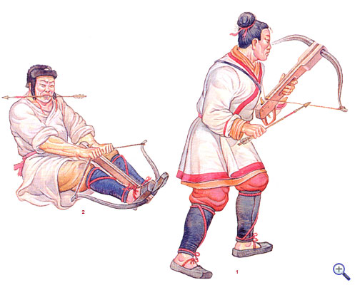 <strong>Китайские арбалетчики:</strong><br />          <strong>1</strong> ? арбалетчик, изготавливающийся к стрельбе.<br />Из-за того, что арбалетчик ведет дистанционный бой, защитный пвнцирь у него отсутствует;<br />          <strong>2</strong> ? арбалетчик заряжает боевой арбалет.<br />Натягивать тугую тетиву приходилось двумя руками, упираясь ногами в луковище.� border=�0? class=�aligncenter� /></a></td>
</tr>
</table>
</div>
<div align=