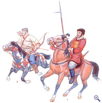 <strong>Китайские кавалеристы:</strong><br />          <strong>1</strong> ? легковооруженный всадник.<br />Защитой служат кожаные доспехи, надетые поверх традиционного халата. На голове ? кожаная шапка кавалериста.<br />Вооружение ? длинный клевец �цзи� и меч в ножнах. Это вооружение позволяло вести ближний бой, как с пехотой, так и с кавалерией противника;<br />          <strong>2</strong> ? конный лучник, вооруженный луком и стрелами.<br />Эти лучники действовали многочисленными группами, с большого расстояния поражая противника стрелами.� border=�0? class=�aligncenter� /></a></td>
</tr>
</table>
</div>
<div align=