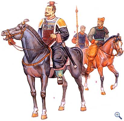 <strong>1</strong> ? император Цинь Шихуан в парадном одеянии ? длинном богатом халате.;<br />Грудь защищена дорогим инкрустированным бронзовым панцирем.<br />Волосы императора уложены в сложную прическу высшего чиновника империи.<br />          <strong>2</strong> ? офицер в чешуйчатых доспехах черного цвета и отличительном головном уборе;<br />          <strong>3</strong> ? конный воин из личной охраны императора в железном панцире, вооруженный длинным копьем.� border=�0? class=�aligncenter� /></a></td>
</tr>
</table>
</div>
<div align=