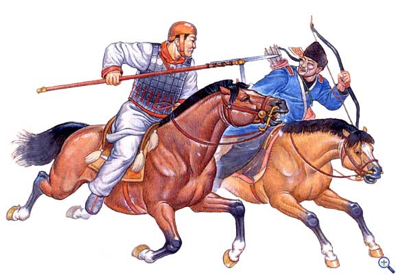 <strong>Китайский кавалерист (слева) атакует всадника сюнну.</strong><br />На китайском кавалеристе короткий пластинчатый железный панцирь, на голове ? кожаная шапка.<br />Он вооружен длинным копьем �гэ� с крюком.� border=�0? class=�aligncenter� /></a></td>
</tr>
</table>
</div>
<div align=