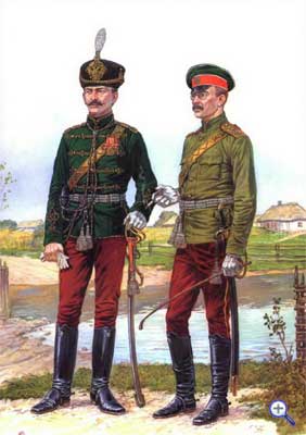 Офицеры 9-го гусарского Киевского Его Величества Короля Эдуарда VII полка: в зимней парадной форме вне строя (слева) и в летней строевой парадной или обыкновенной форме, 1910 г.
