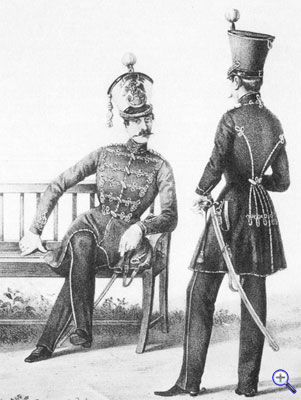 Обер-офицеры гусарских полков русской армии в венгерках нового образца, 1845-1855 годы.