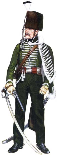 Uniformen Carabinieri (links) und ein Unteroffizier (rechts) 1. preußischen Husaren 1794