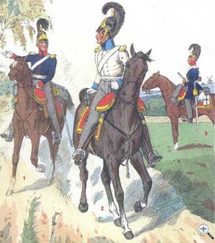 Униформа офицеров (1 и 2) и рядового (3) Бранденбургского кирассирского полка, 1813 год - Officers Uniforms (1 and 2) and the average (3) Brandenburg cuirassier regiment, 1813